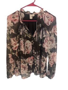 Joie Black Sheer Floral Tie-Neck Blouse with Pink Roses Size S